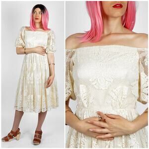 Vintage 1970s Lace Boho Dress w/ Balloon Sleeves by Lilli Diamond | Small